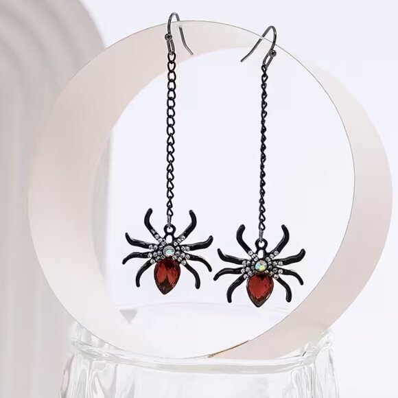 Gothic Spider Drop Earrings with Blood Red Gemstone - Picture 1 of 5